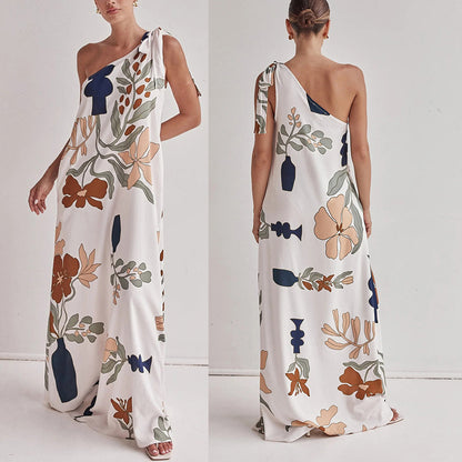 One Shoulder Dresses - Oblique Shoulder Printed Pocket Dress Loose
