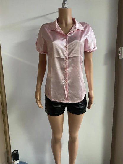 Multicolor Silk Short Sleeve Satin Button Shirt Casual Loose Top