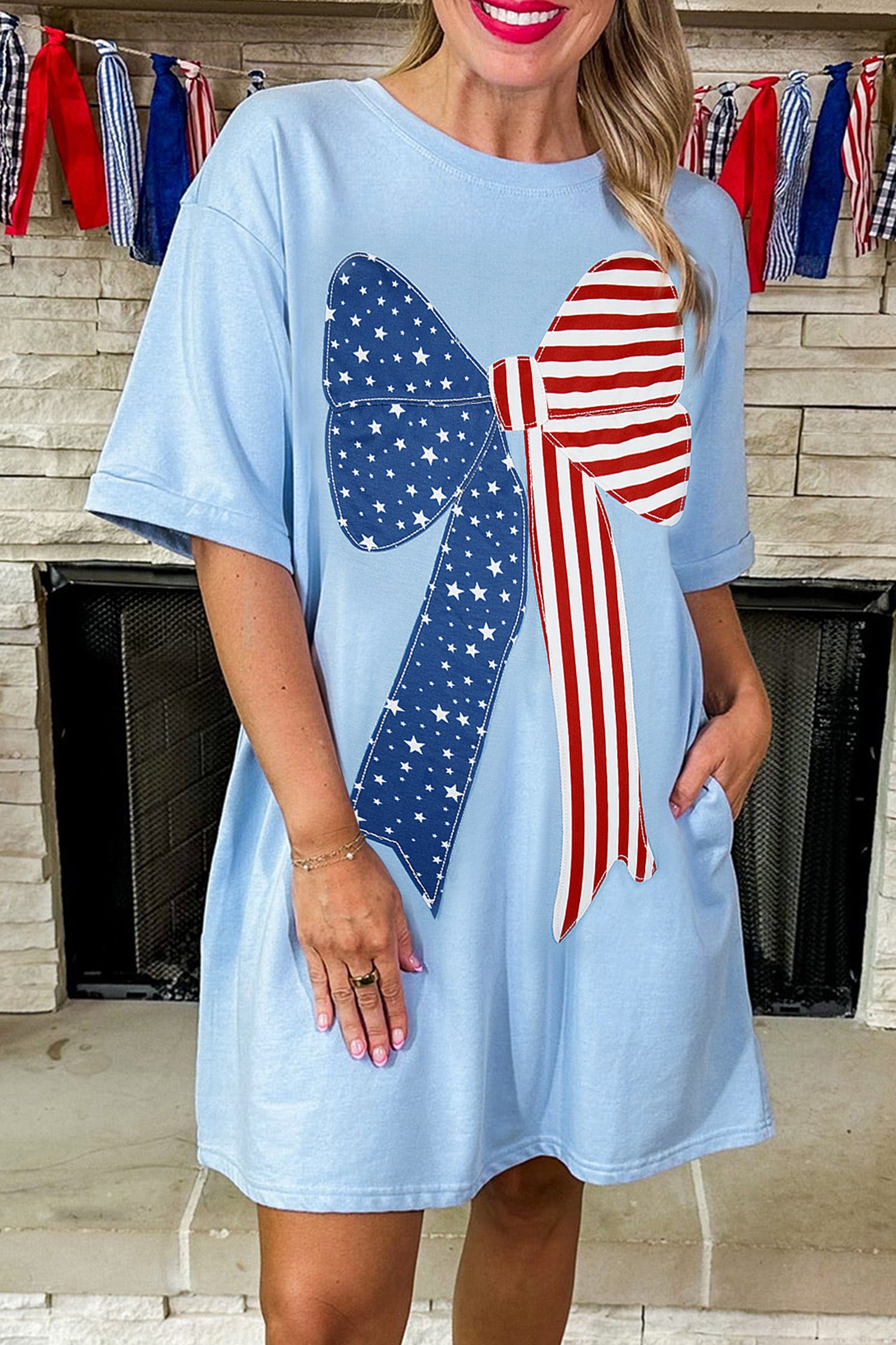 T Shirt Dresses - Beau Blue Patriotic Big Bow Stitched T Shift Mini Dress