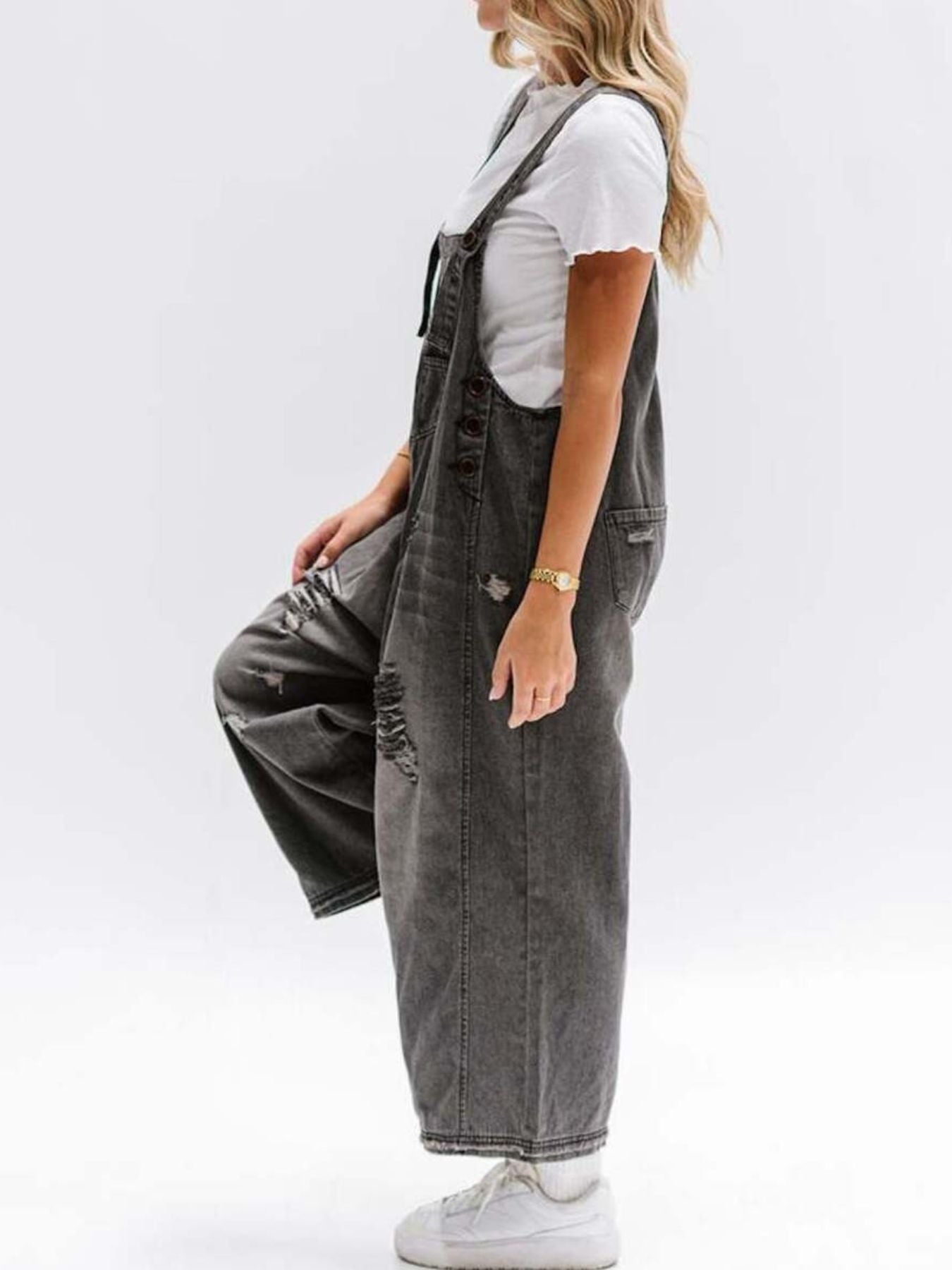  - Distressed Wide Leg Denim Overalls