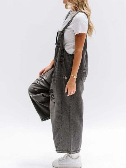  - Distressed Wide Leg Denim Overalls