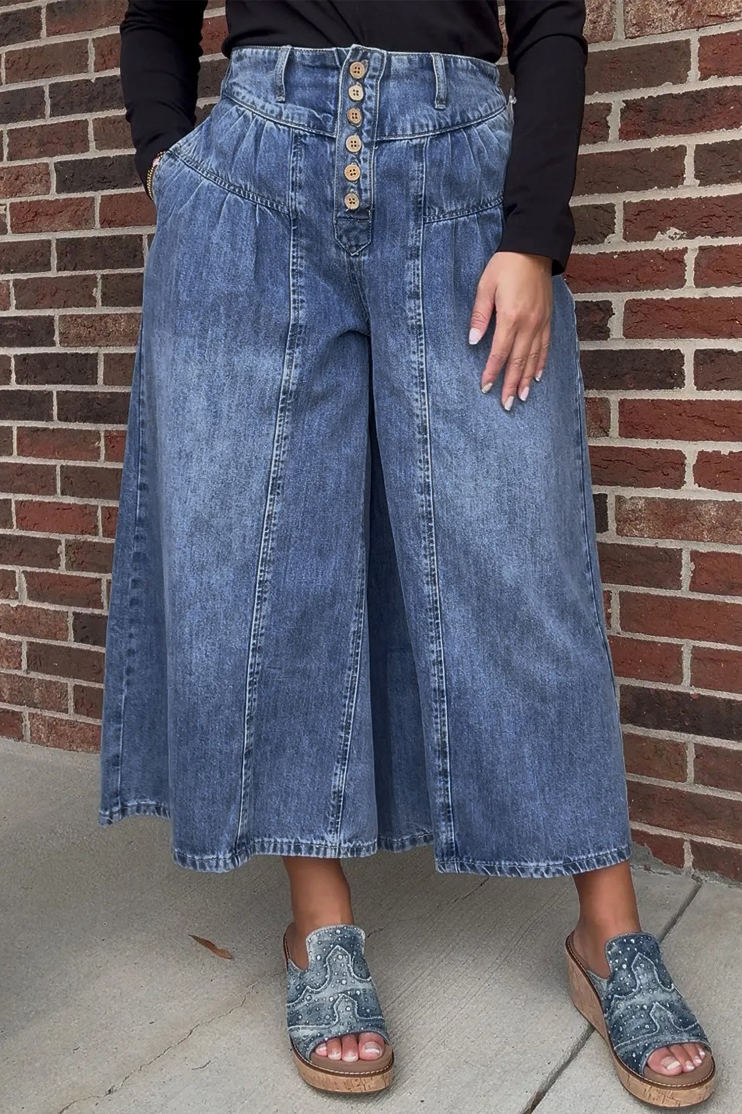 Jeans - Dusk Blue High Rise Buttons Pleated Cropped Wide Leg Denim Pants