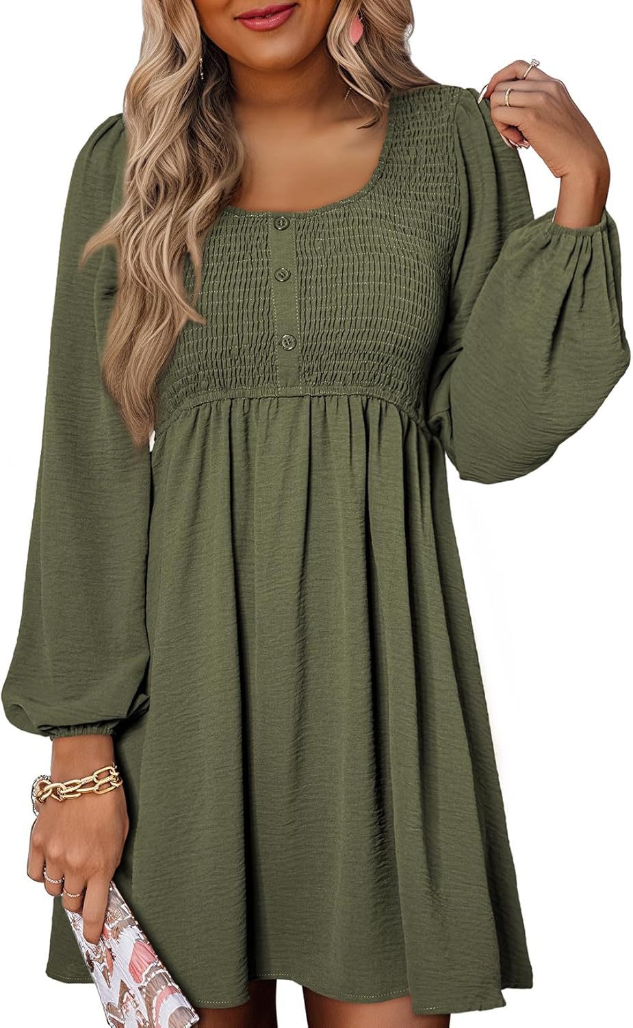 Casual Dresses - Long Sleeve High Waist A- Line Mini Dress