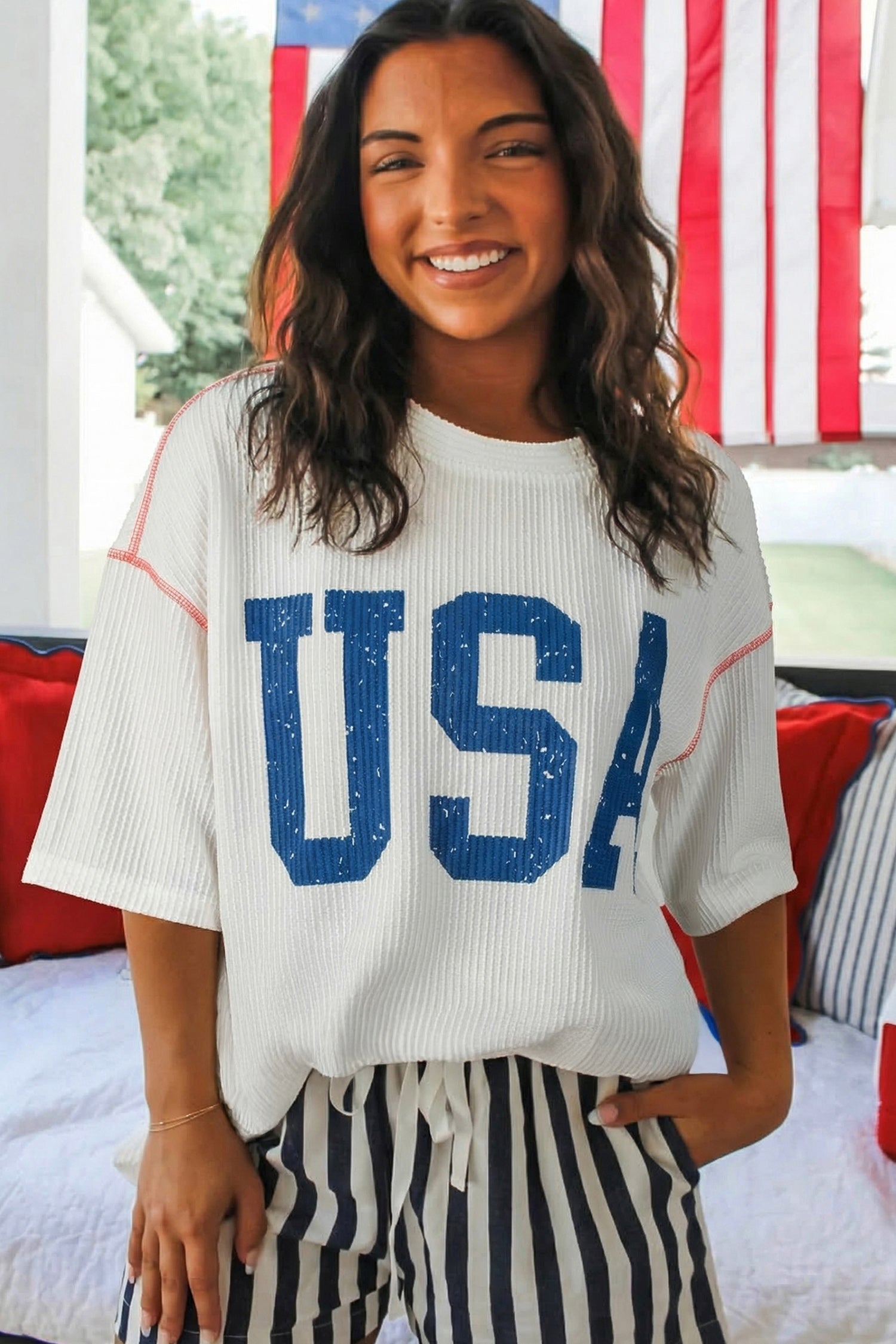 Tops & Tees - White USA Graphic Half Sleeve Loose Ribbed Top