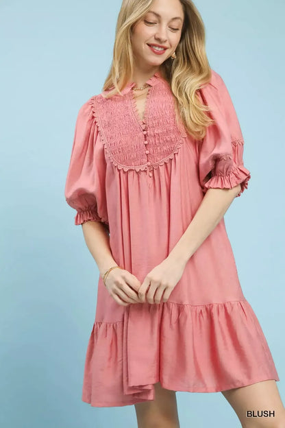  - Umgee Smocked Bib Ruffle Hem Babydoll Dress