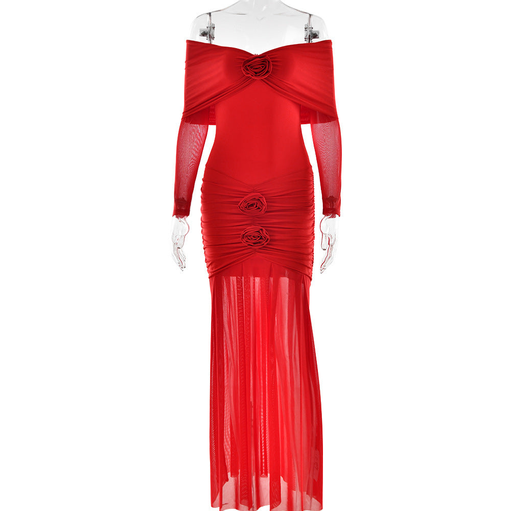 Elegant Dresses - Fashion Off-shoulder Pleated Dress Flower Dress