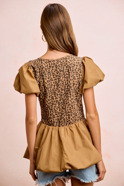  - BiBi Rib Texture Leopard Puff Sleeves Bubble Peplum Top
