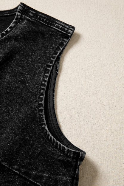 Tank Tops - Black Buttoned Front Slit Denim Vest