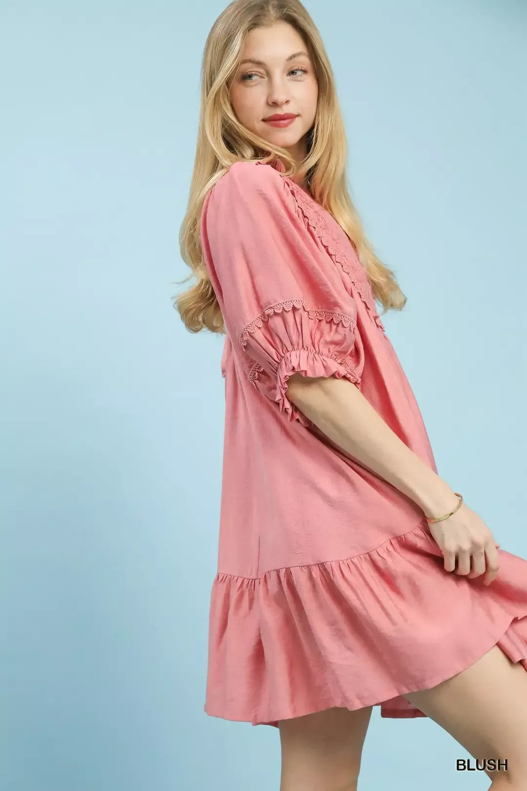  - Umgee Smocked Bib Ruffle Hem Babydoll Dress