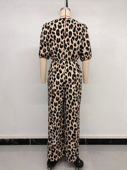 Jumpsuits - European And American Jumpsuit Tied High Waist Leopard Print One-piece Trousers