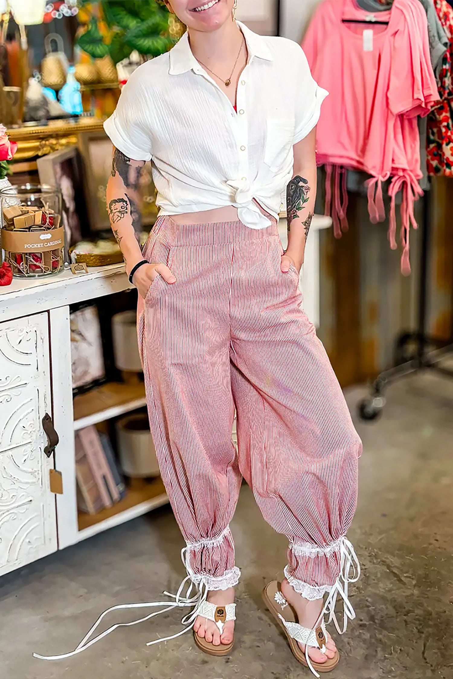 Pants & Culotte - Red Stripe Contrast Lace Ribbon Tie Detail Wide Leg Pants