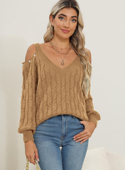 Sweaters - Woven Bottoming Shirt Deep V Off-the-shoulder Pullover Loose Sweater