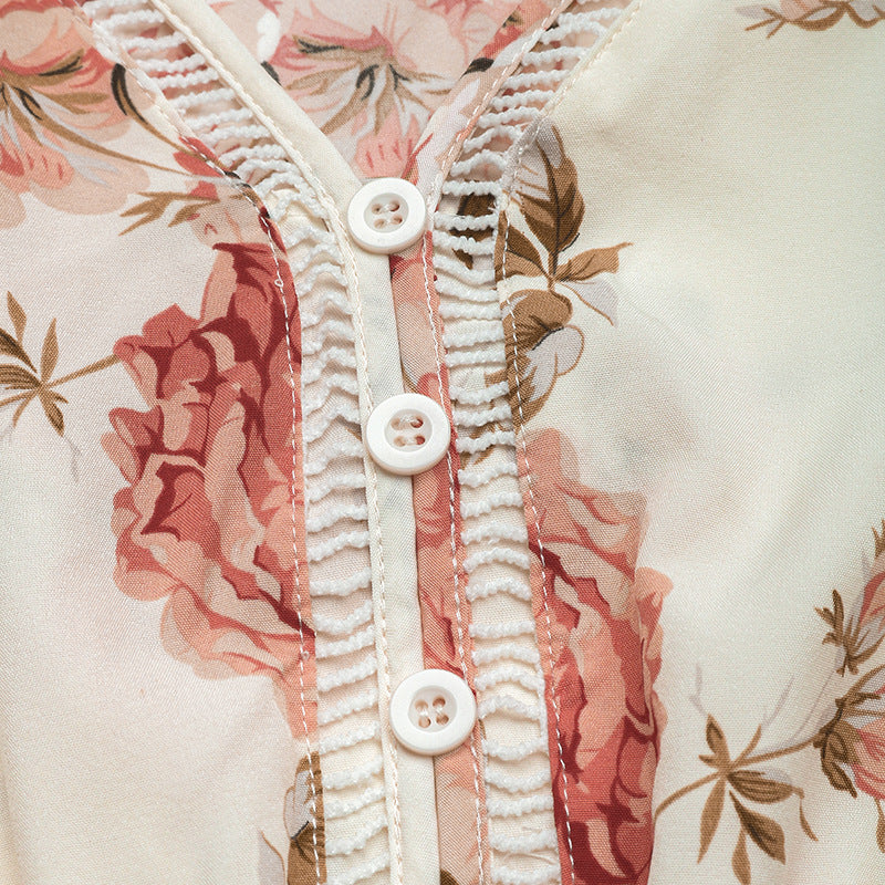 A-Line Dresses - European And American Printed Dress V-neck Lace Stitching Dress