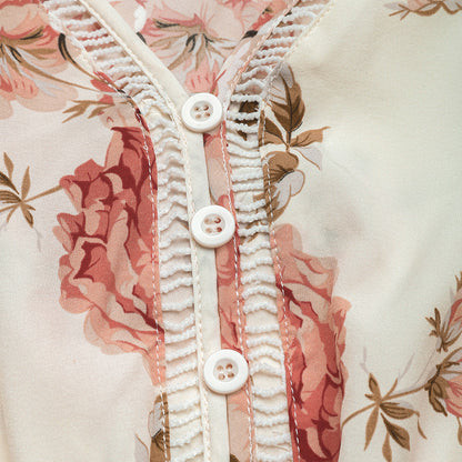 A-Line Dresses - European And American Printed Dress V-neck Lace Stitching Dress