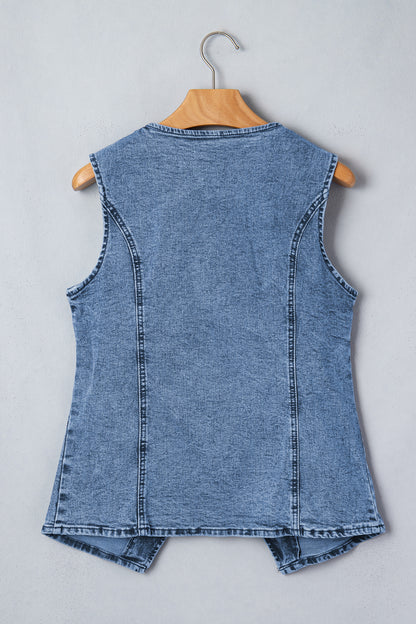 Tank Tops - Black Buttoned Front Slit Denim Vest
