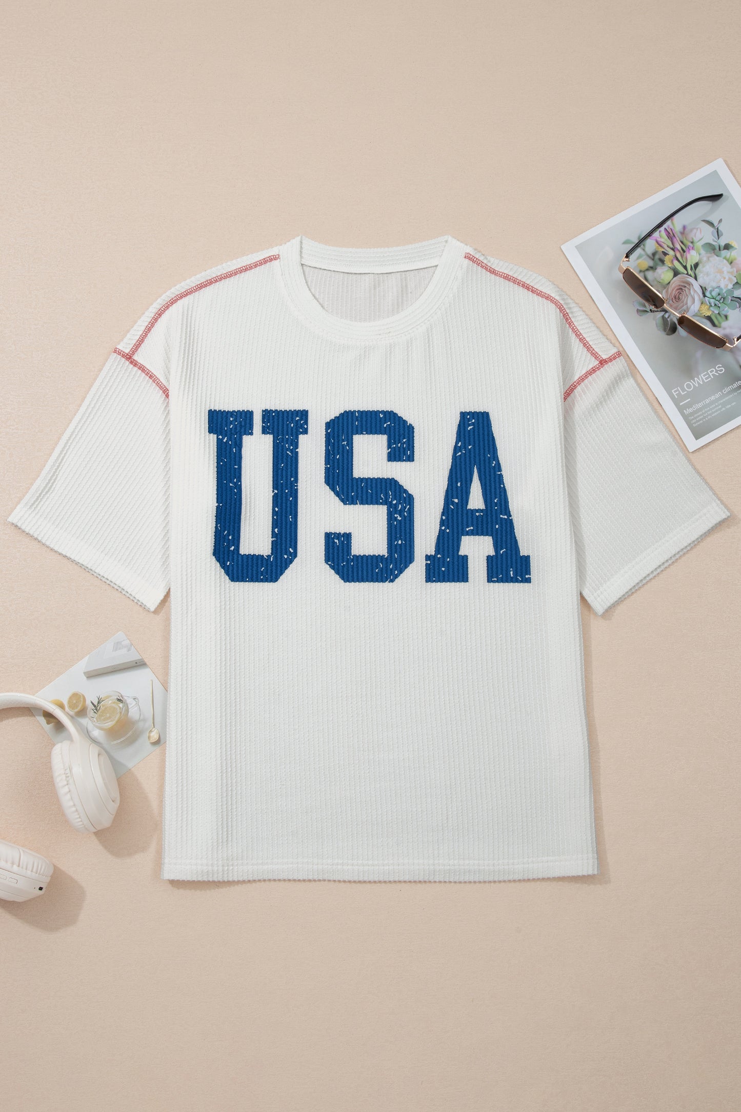 Tops & Tees - White USA Graphic Half Sleeve Loose Ribbed Top