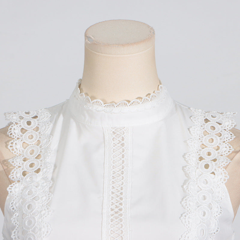 Round Neck Sleeveless Waist Lace Stitching Solid Color Dress