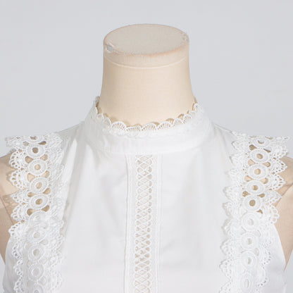 Round Neck Sleeveless Waist Lace Stitching Solid Color Dress