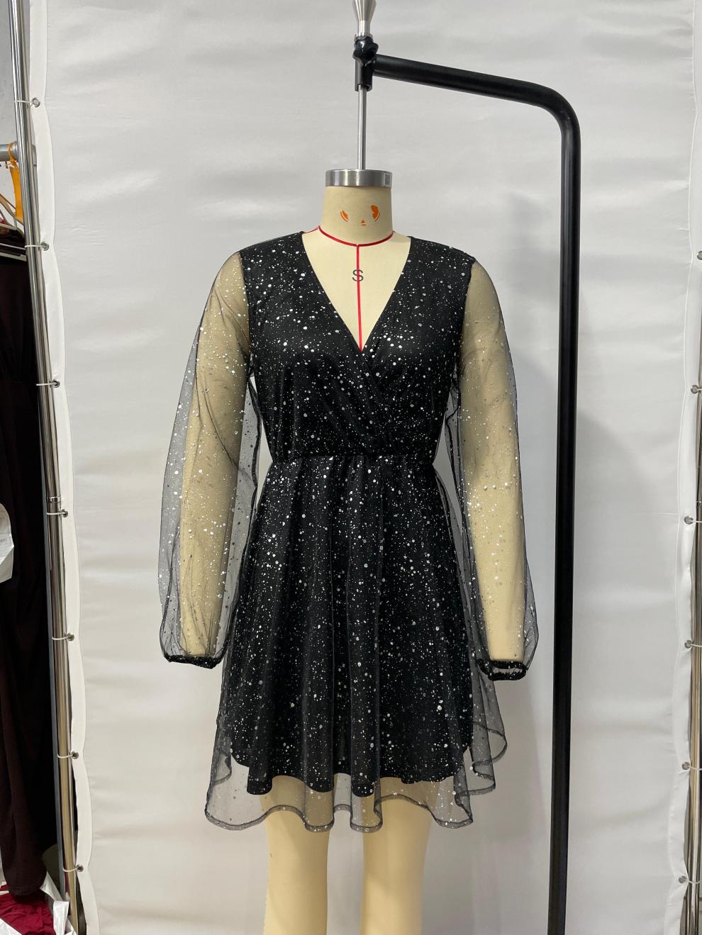 Sequined Long Sleeve Mesh V-neck Dress