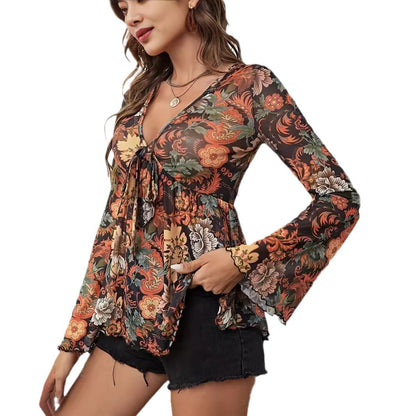 Blouses - New Mesh Printed Front Knotted Flare Sleeve T-shirt Long-sleeved Top For Women