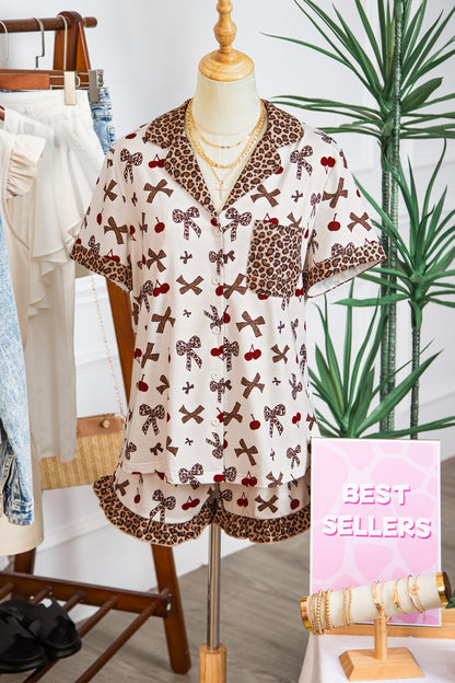 Sleepwear - White Chic Bow Cherry Printed Leopard Contrast Patchwork Shirt Drawstring Shorts 2pcs PJ Set