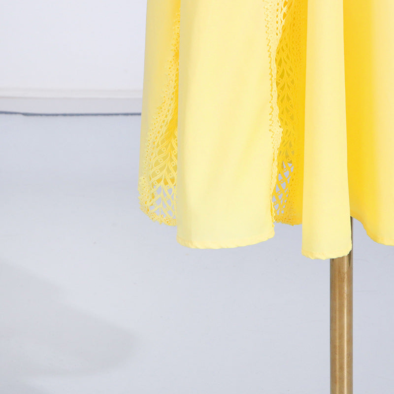 Round Neck Sleeveless Waist Lace Stitching Solid Color Dress