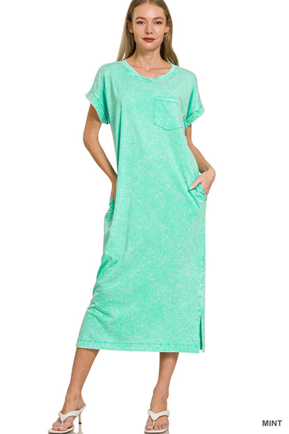  - Zenana Washed Exposed Seam Short Sleeve T-Shirt Dress