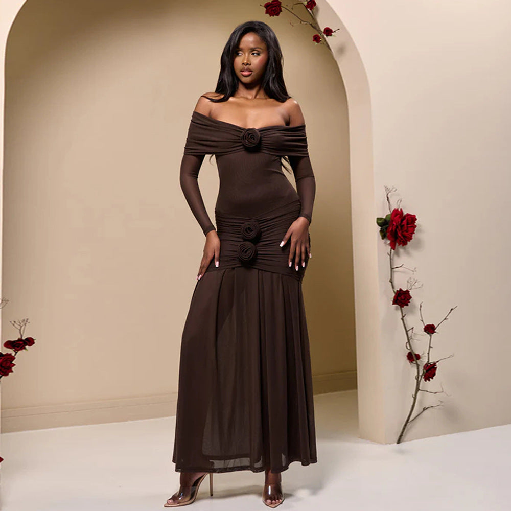 Elegant Dresses - Fashion Off-shoulder Pleated Dress Flower Dress