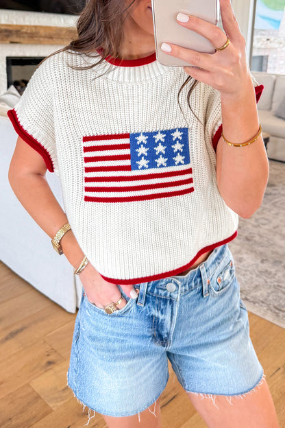 Short Sleeve Sweaters - White Flag Print Cropped Short Sleeve Sweater
