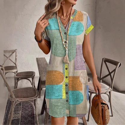 A-Line Dresses - Printed Woven Elegant V-neck Button Dress