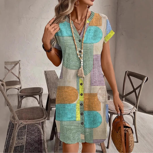 A-Line Dresses - Printed Woven Elegant V-neck Button Dress