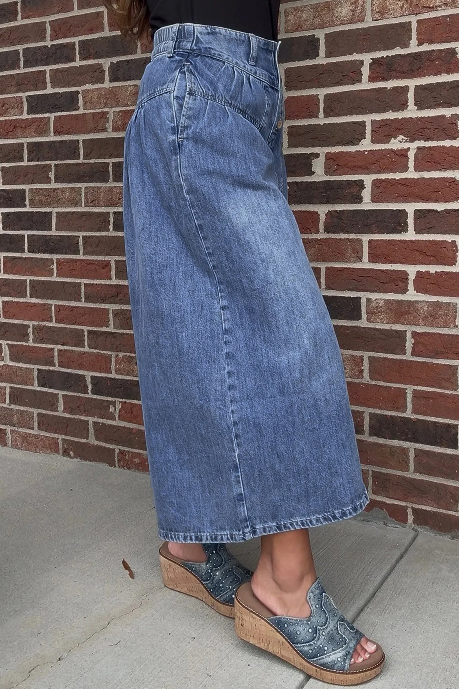 Jeans - Dusk Blue High Rise Buttons Pleated Cropped Wide Leg Denim Pants
