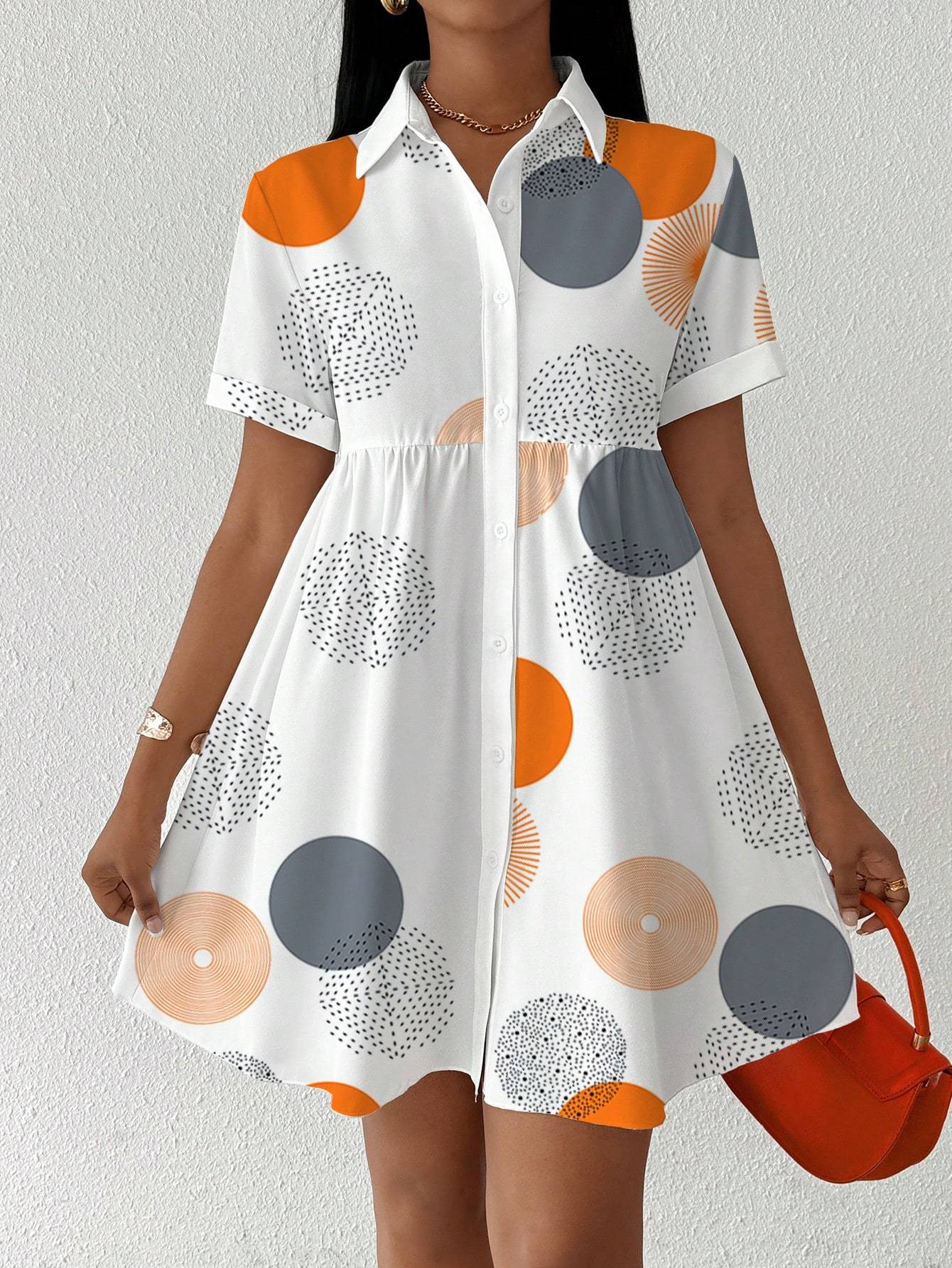 Shirt Dresses - Clasi Button-Front Short Sleeve All-Over Print Casual Short Dress Women Shirt