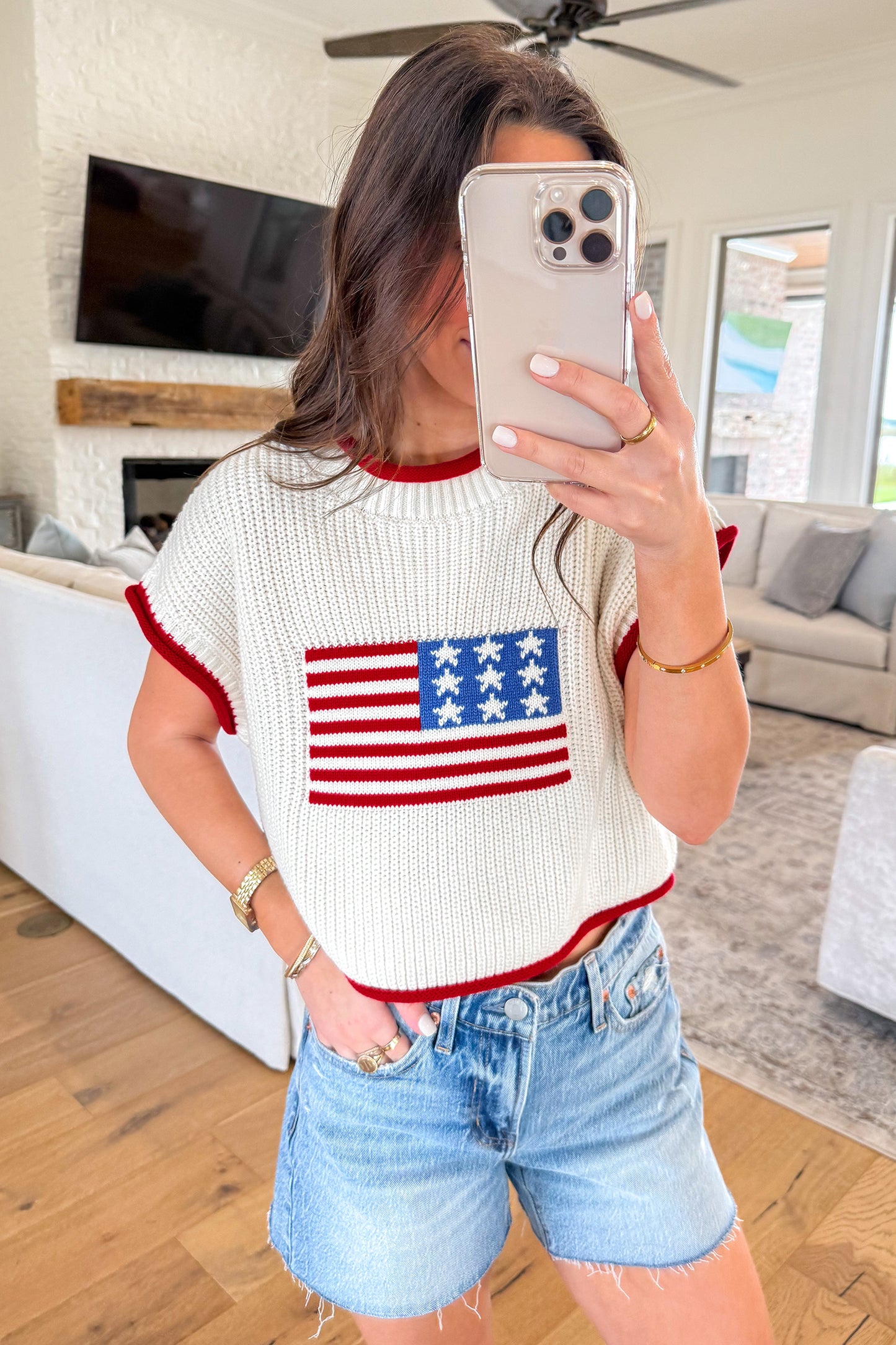 Short Sleeve Sweaters - White Flag Print Cropped Short Sleeve Sweater