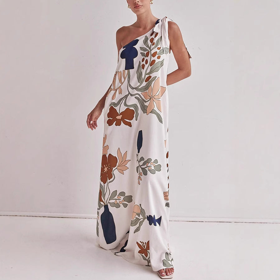 One Shoulder Dresses - Oblique Shoulder Printed Pocket Dress Loose