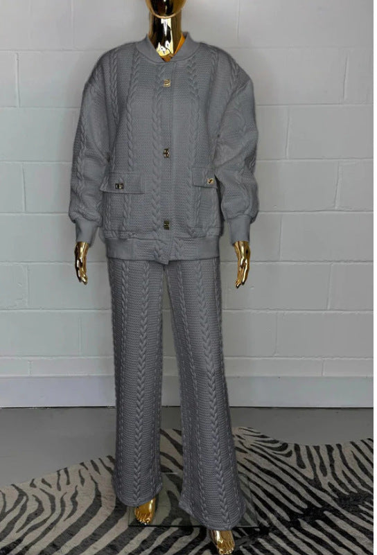 Pants Set - Women's Plain Buckle Pocket Suit 2-piece Set