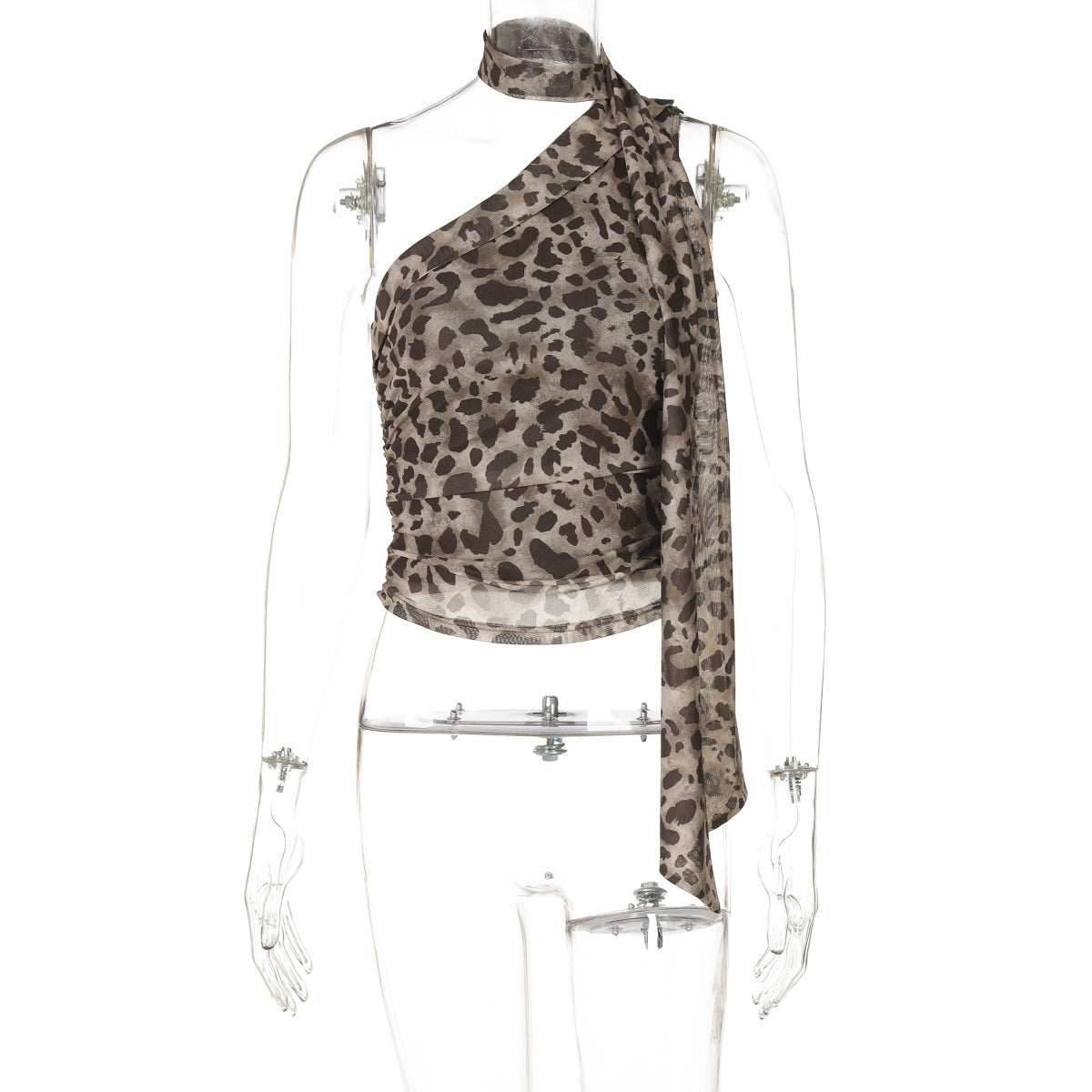 Tops - Leopard Print Crossbody Sleeveless Ribbon Short Tight Vest