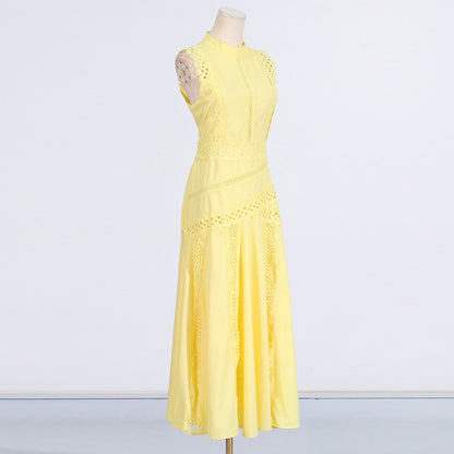 Round Neck Sleeveless Waist Lace Stitching Solid Color Dress