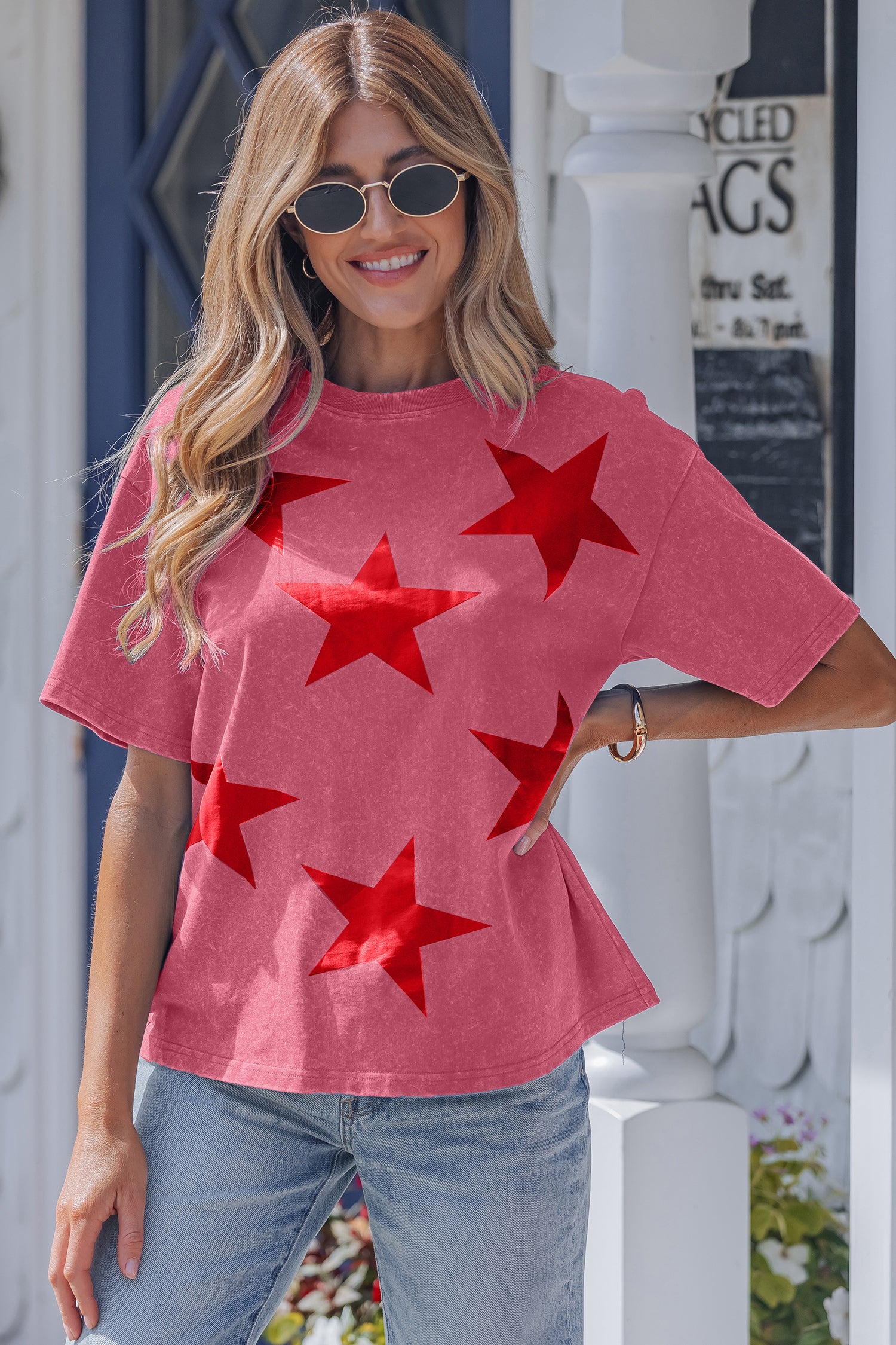 Tops & Tees - Red Independence Day Star Printed Mineral Wash T Shirt