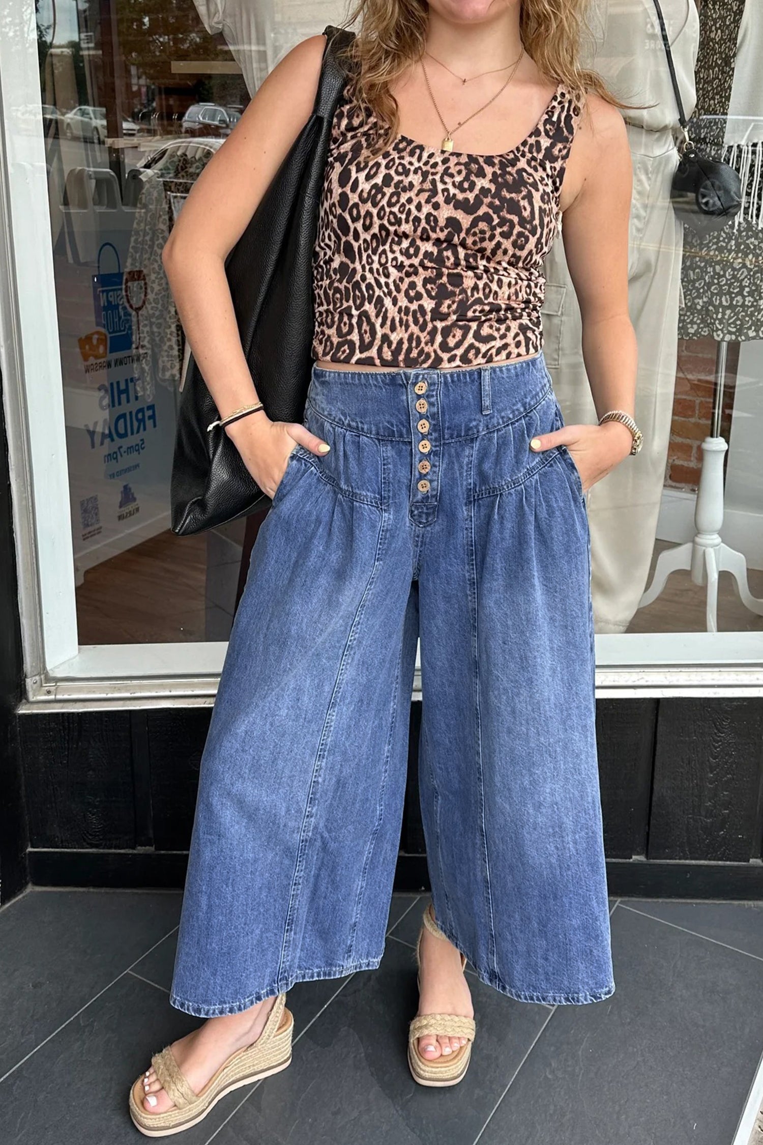 Jeans - Dusk Blue High Rise Buttons Pleated Cropped Wide Leg Denim Pants
