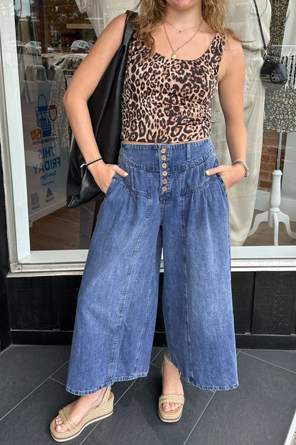 Jeans - Dusk Blue High Rise Buttons Pleated Cropped Wide Leg Denim Pants