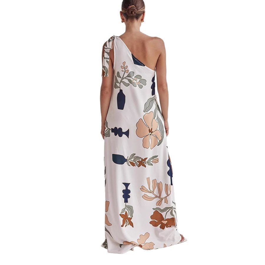 One Shoulder Dresses - Oblique Shoulder Printed Pocket Dress Loose
