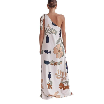 One Shoulder Dresses - Oblique Shoulder Printed Pocket Dress Loose