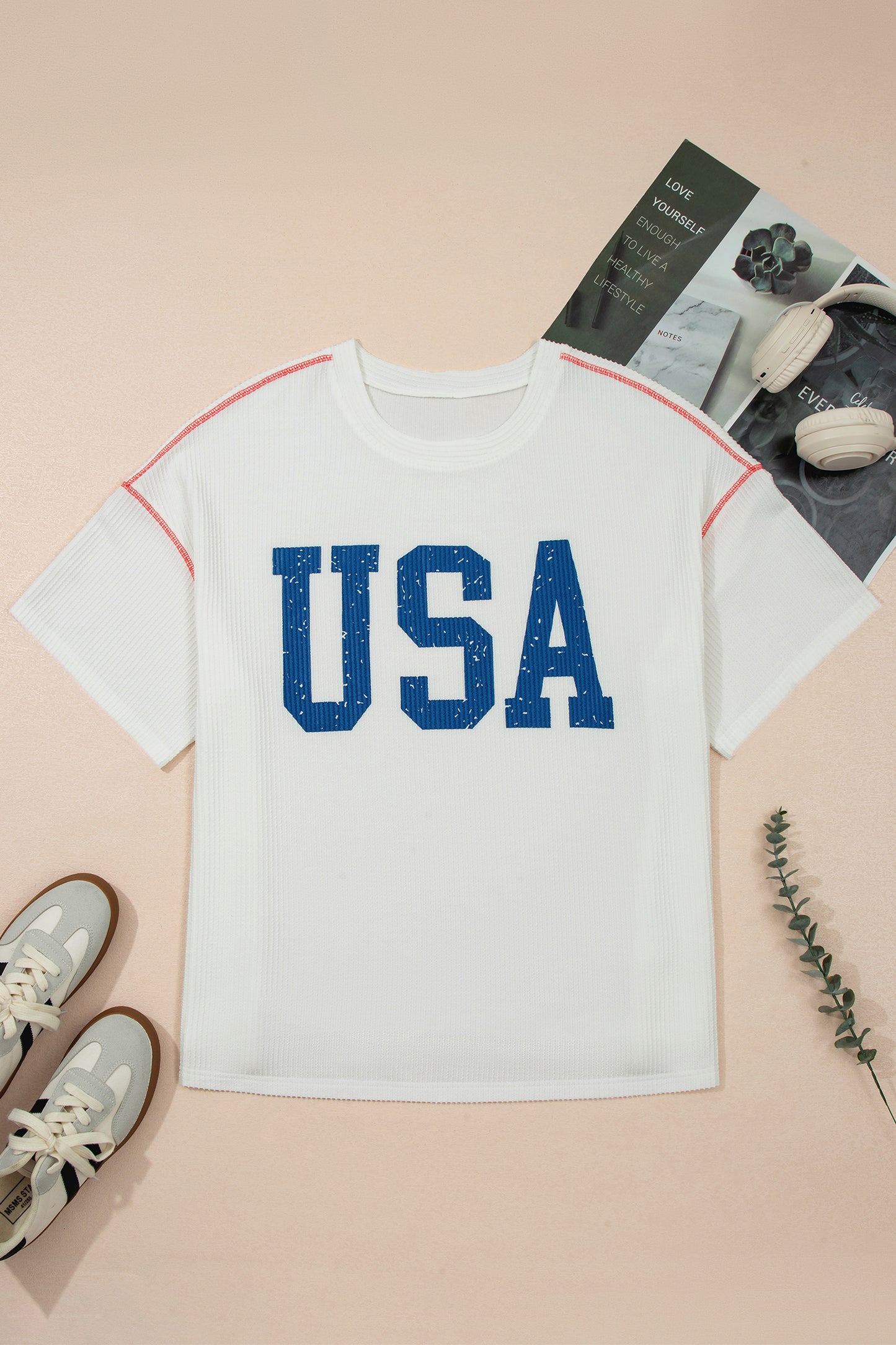 Plus Size Tops & Tees - White Plus Size Twisted Rib Vintage USA Letter Printed T Shirt