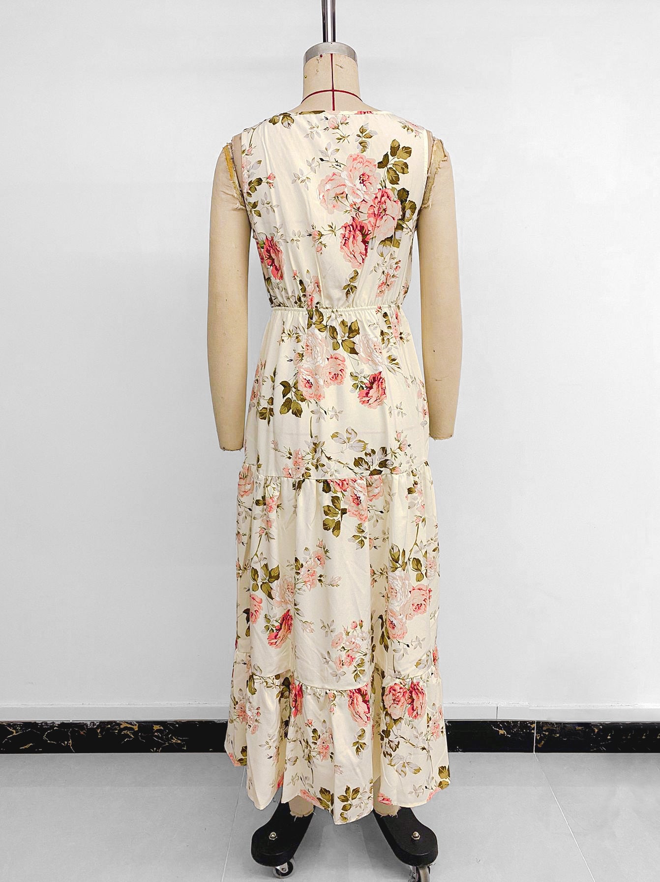 A-Line Dresses - European And American Printed Dress V-neck Lace Stitching Dress