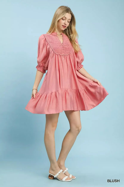  - Umgee Smocked Bib Ruffle Hem Babydoll Dress