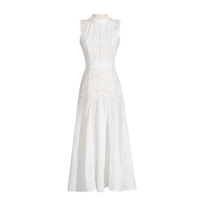 A-Line Dresses - Round Neck Sleeveless Waist Lace Stitching Solid Color Dress