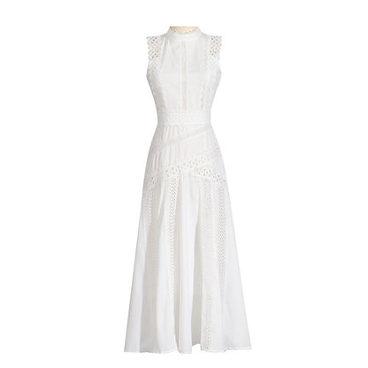 A-Line Dresses - Round Neck Sleeveless Waist Lace Stitching Solid Color Dress