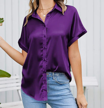 Blouses - Multicolor Silk Short Sleeve Satin Button Shirt Casual Loose Top