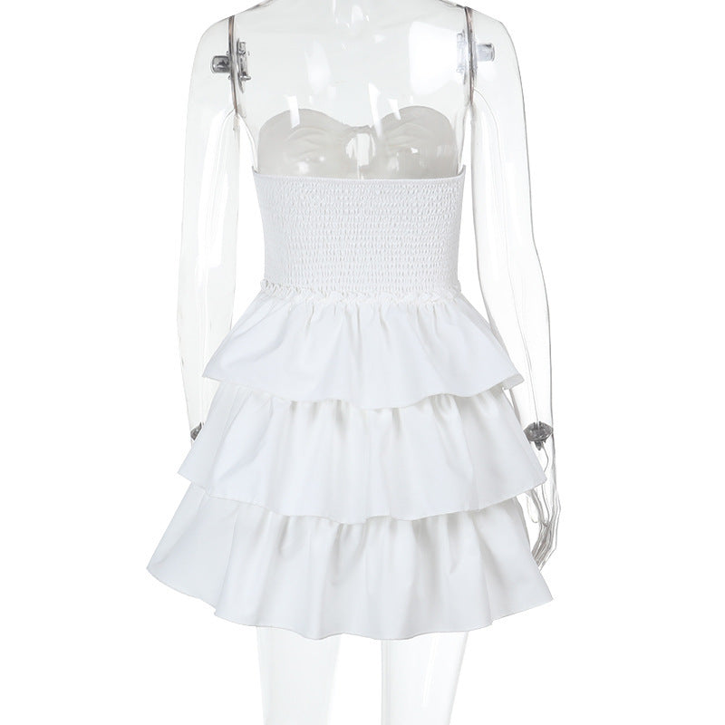 Tube Mini Dresses - Tube Top Hollow-out Cinched White Cake Dress Female Dress